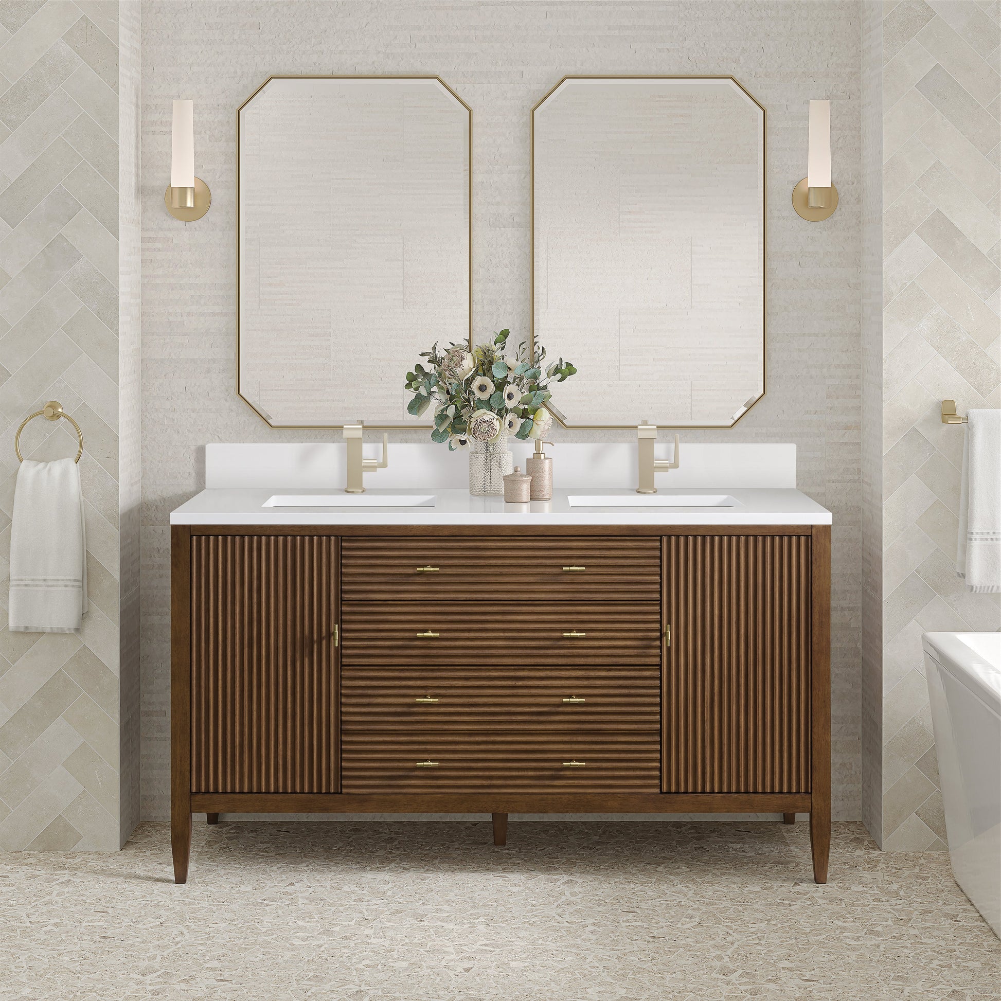 James Martin Vanities Myrrin 60" Mid Century Walnut Double Vanity With Single Hole 3 cm White Zeus Quartz Top & Backsplash