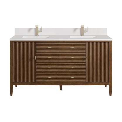 James Martin Vanities Myrrin 60" Mid Century Walnut Double Vanity With Single Hole 3 cm White Zeus Quartz Top & Backsplash