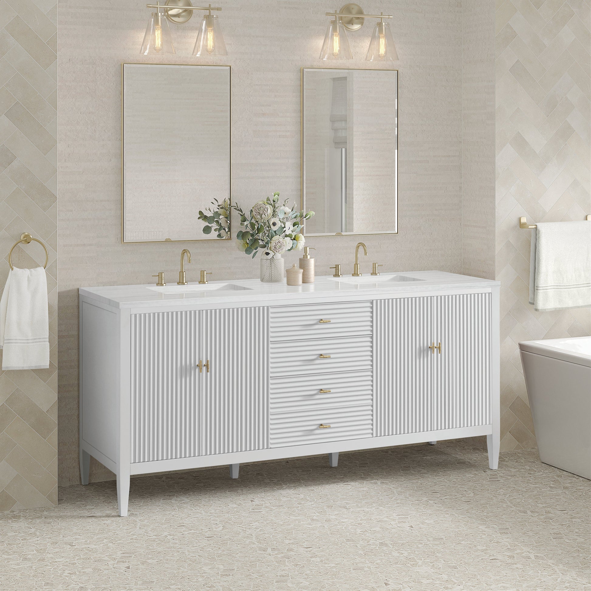 James Martin Vanities Myrrin 72" Bright White Double Vanity With 3 cm Arctic Fall Solid Surface Top