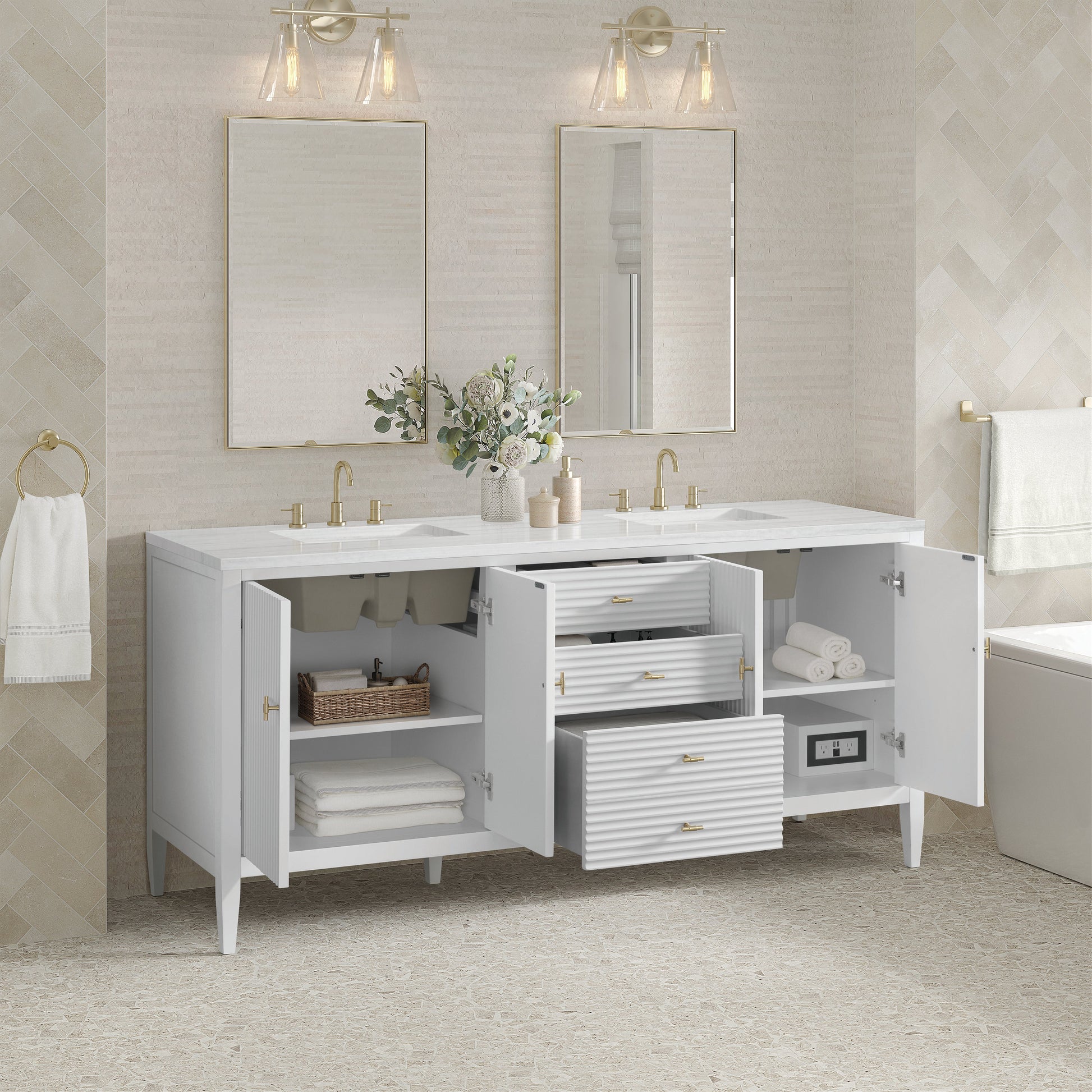 James Martin Vanities Myrrin 72" Bright White Double Vanity With 3 cm Arctic Fall Solid Surface Top