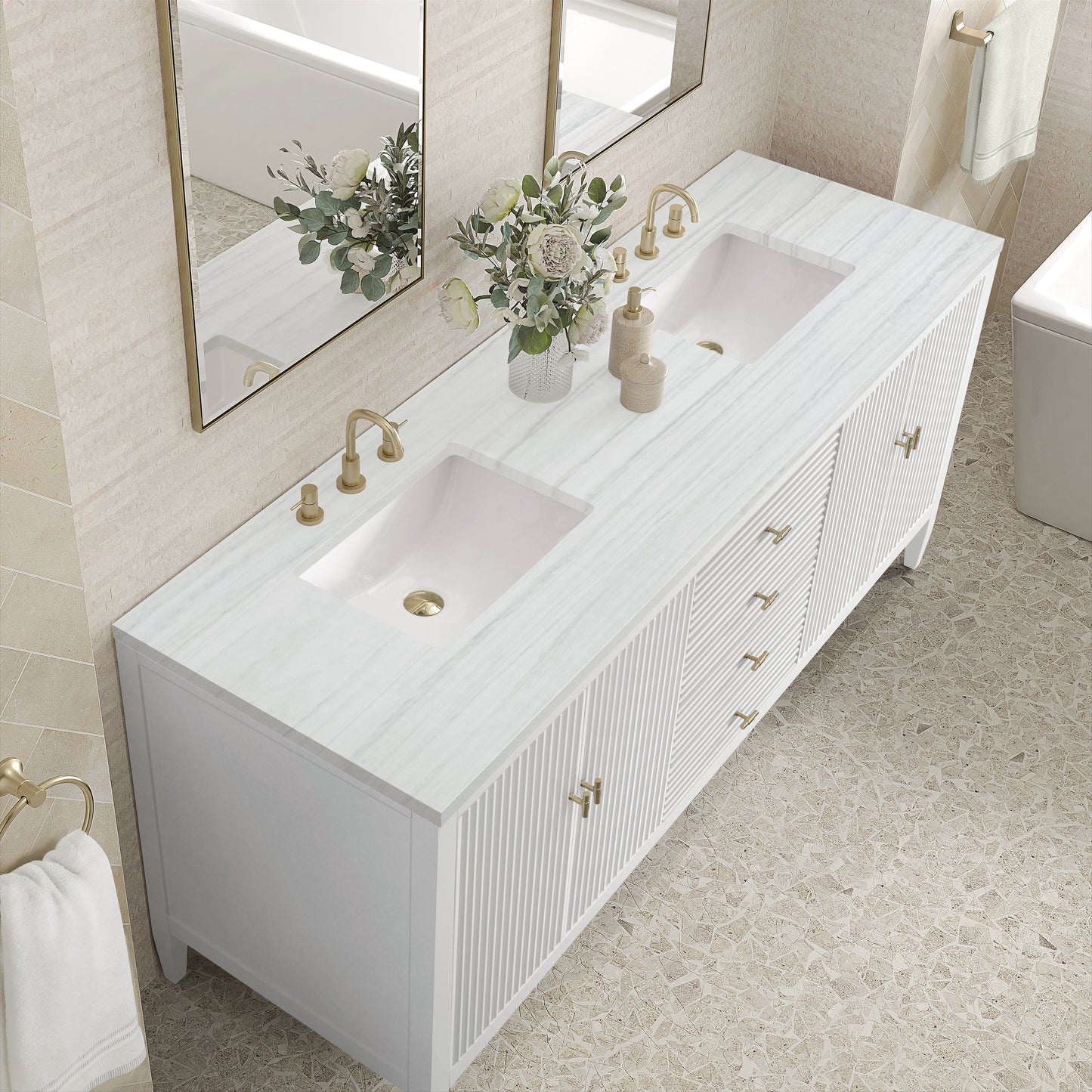 James Martin Vanities Myrrin 72" Bright White Double Vanity With 3 cm Arctic Fall Solid Surface Top