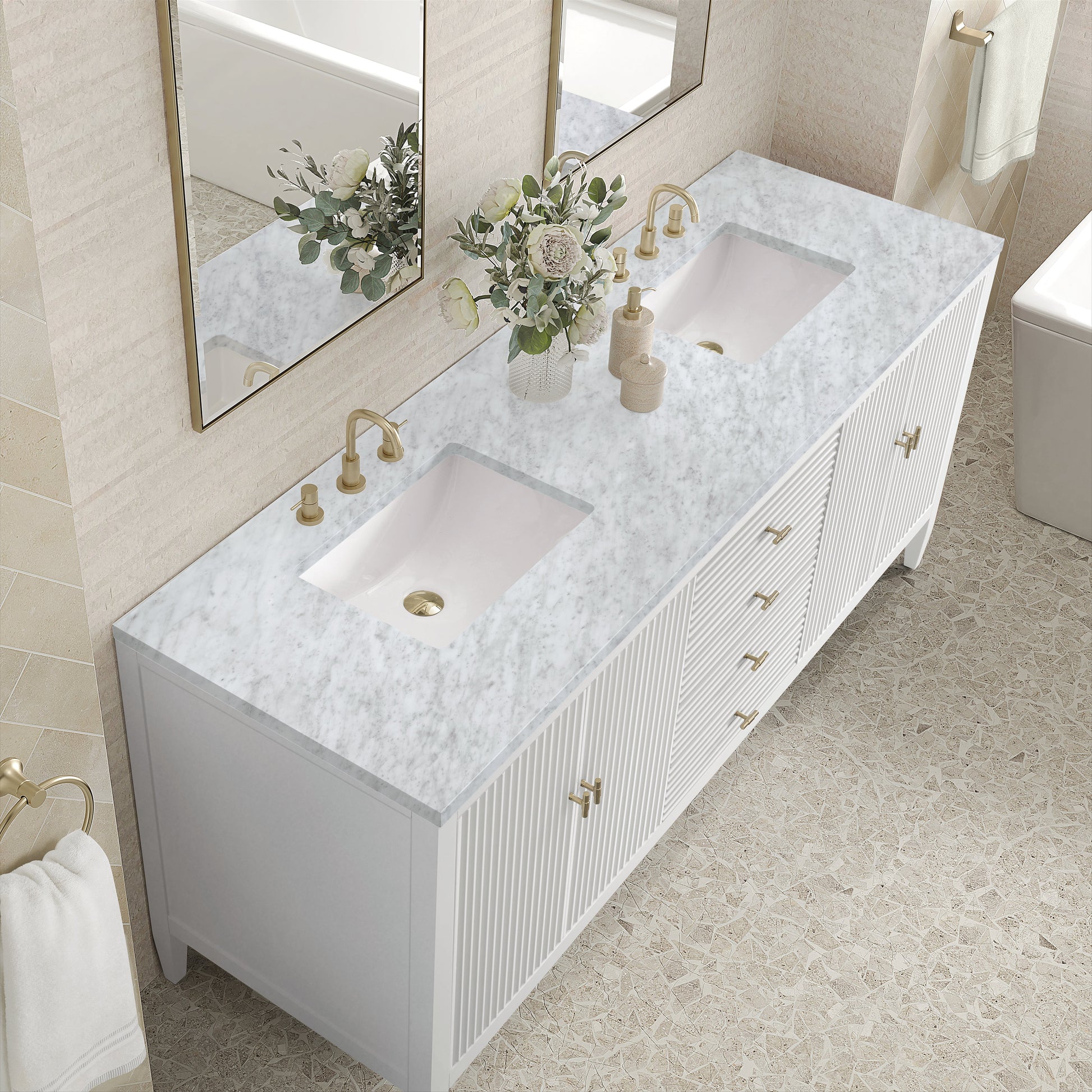 James Martin Vanities Myrrin 72" Bright White Double Vanity With 3 cm Carrara White Marble Top