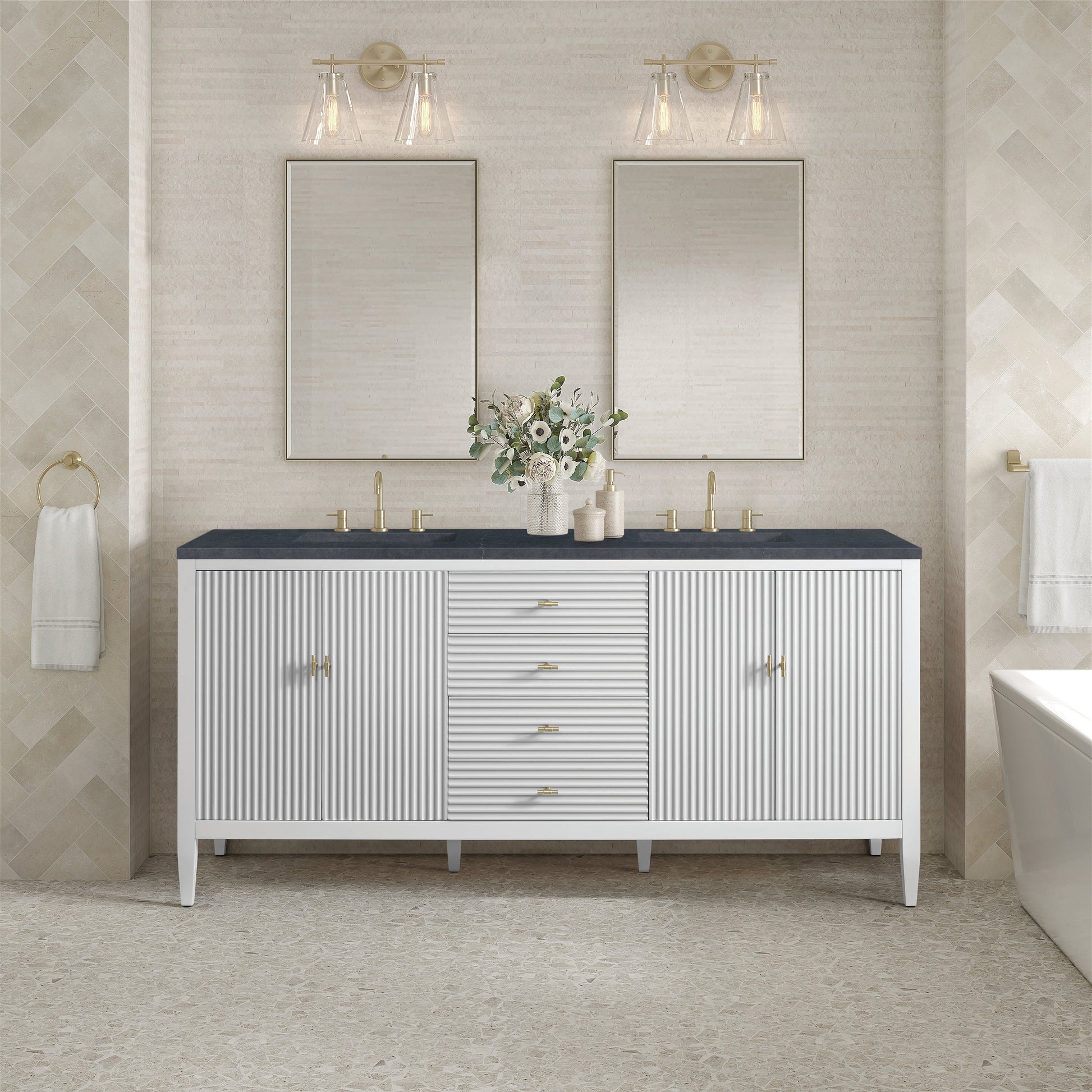 James Martin Vanities Myrrin 72" Bright White Double Vanity With 3 cm Charcoal Soapstone Quartz Top