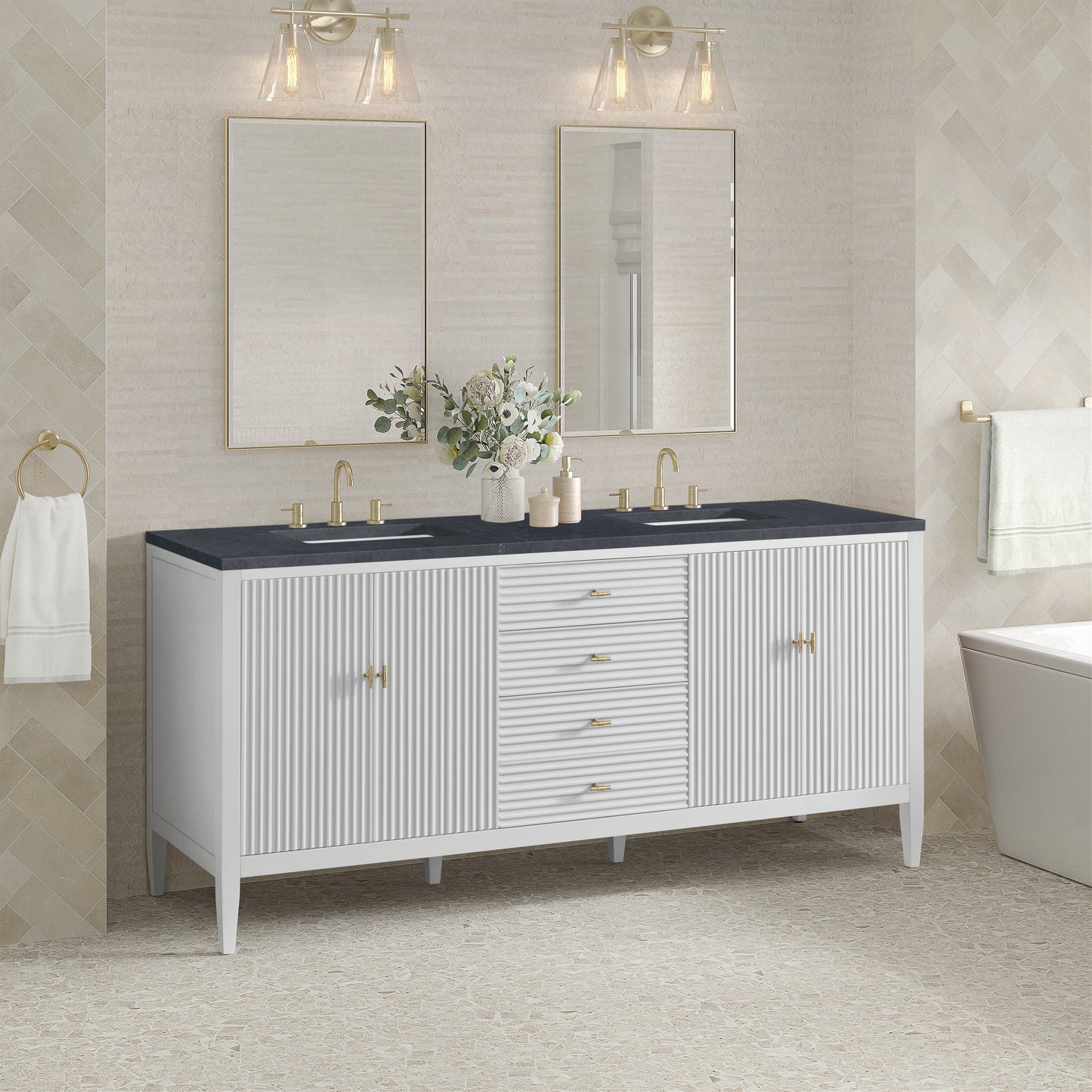 James Martin Vanities Myrrin 72" Bright White Double Vanity With 3 cm Charcoal Soapstone Quartz Top