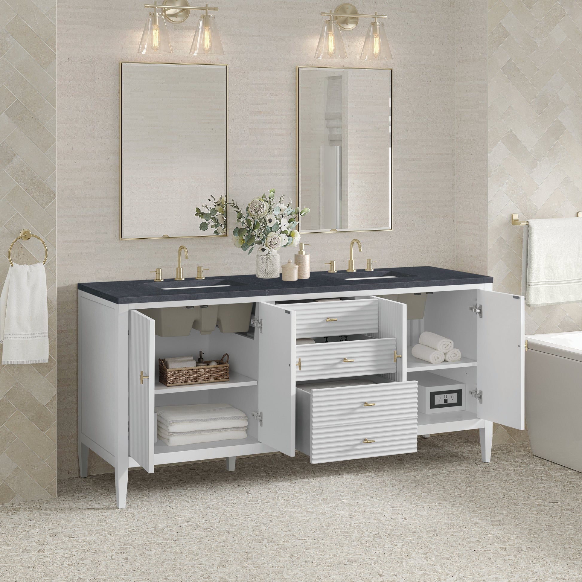 James Martin Vanities Myrrin 72" Bright White Double Vanity With 3 cm Charcoal Soapstone Quartz Top