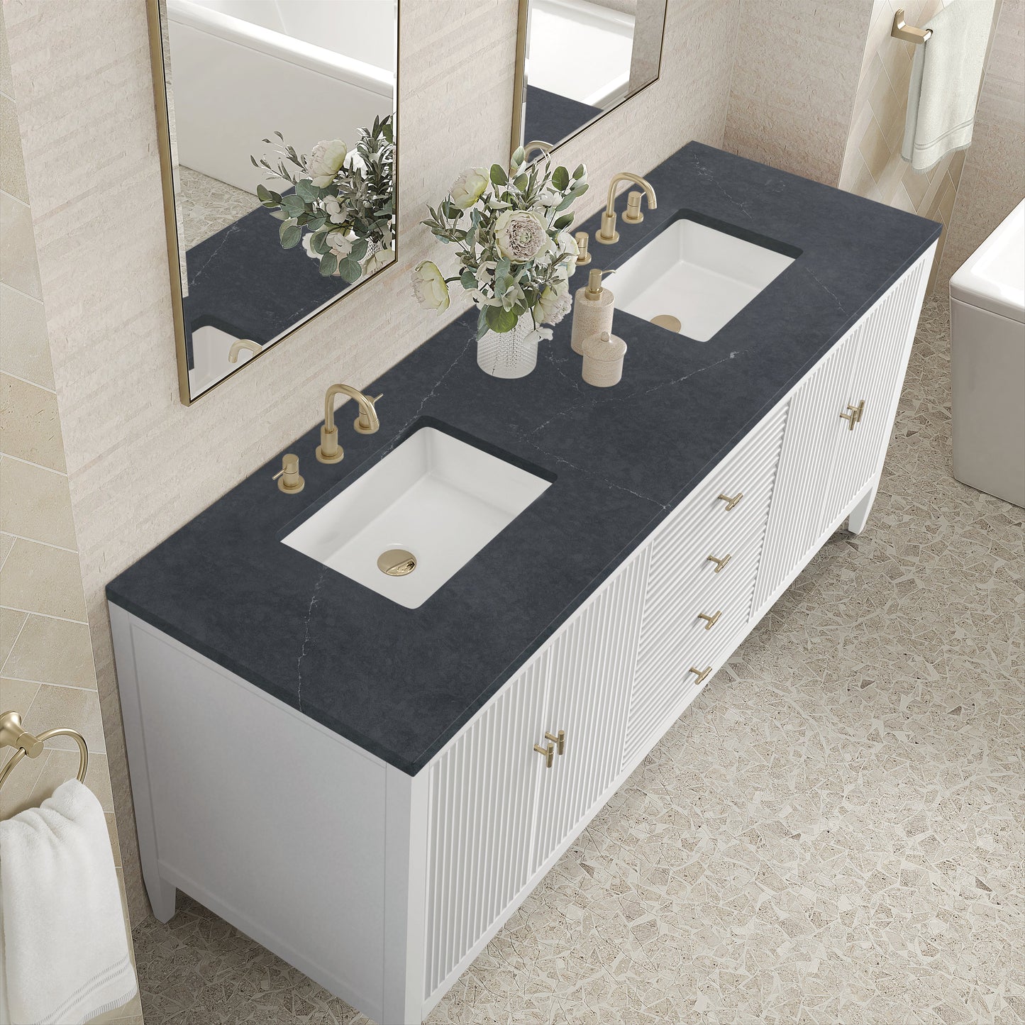 James Martin Vanities Myrrin 72" Bright White Double Vanity With 3 cm Charcoal Soapstone Quartz Top