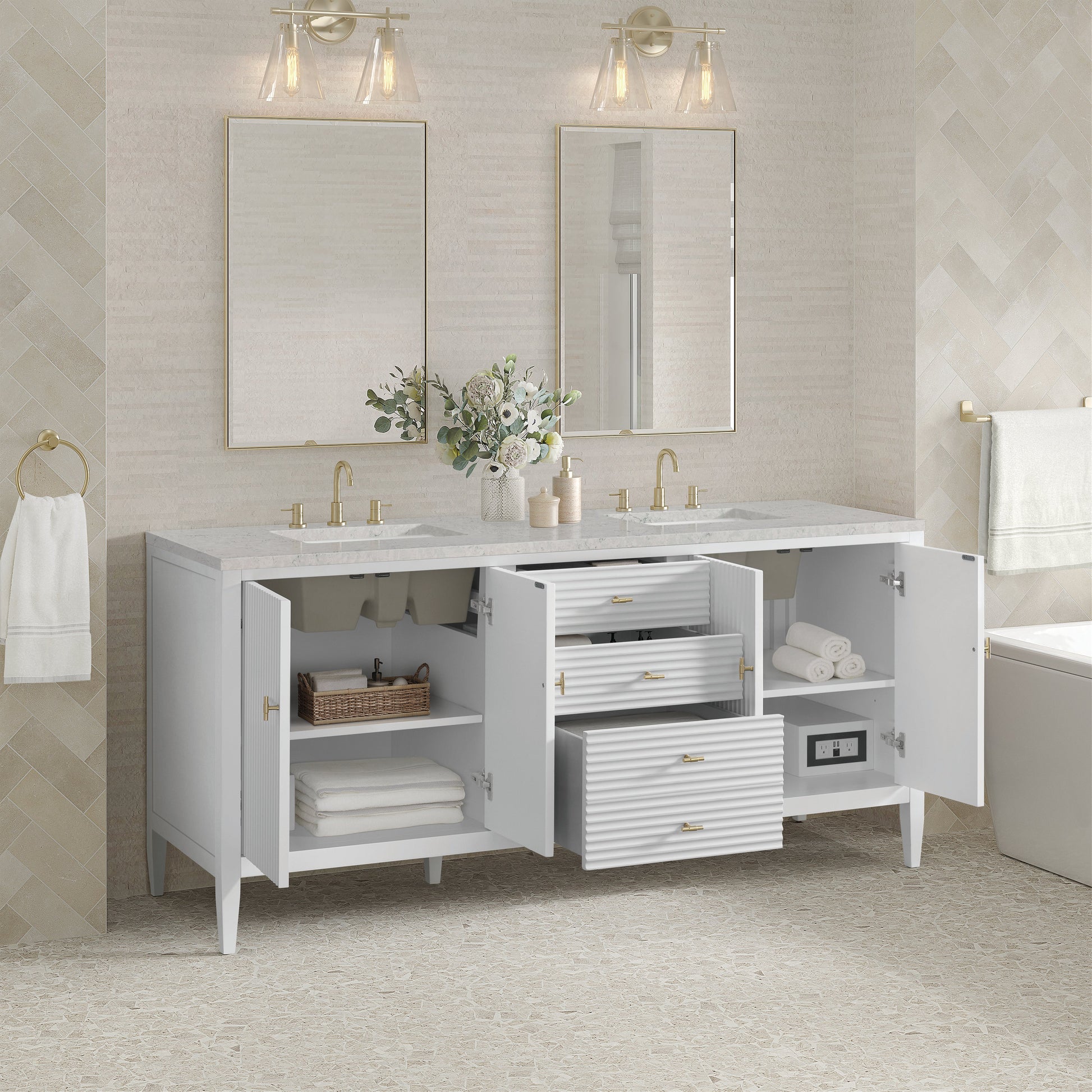 James Martin Vanities Myrrin 72" Bright White Double Vanity With 3 cm Eternal Jasmine Pearl Quartz Top