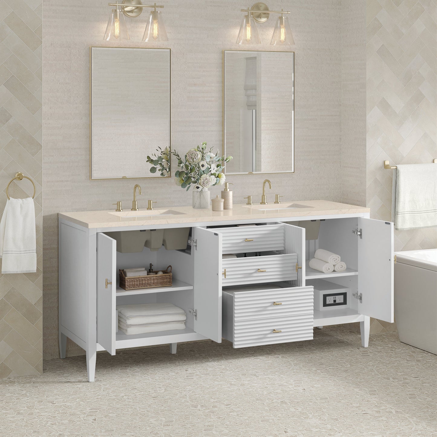 James Martin Vanities Myrrin 72" Bright White Double Vanity With 3 cm Eternal Marfil Quartz Top