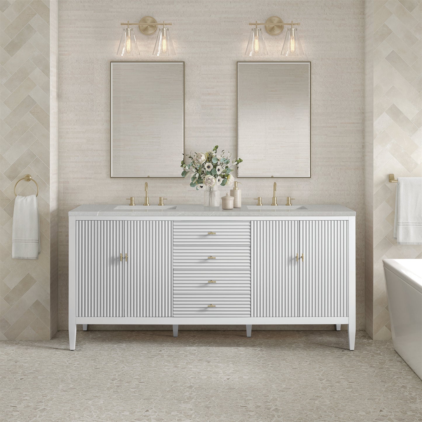 James Martin Vanities Myrrin 72" Bright White Double Vanity With 3 cm Eternal Serena Quartz Top