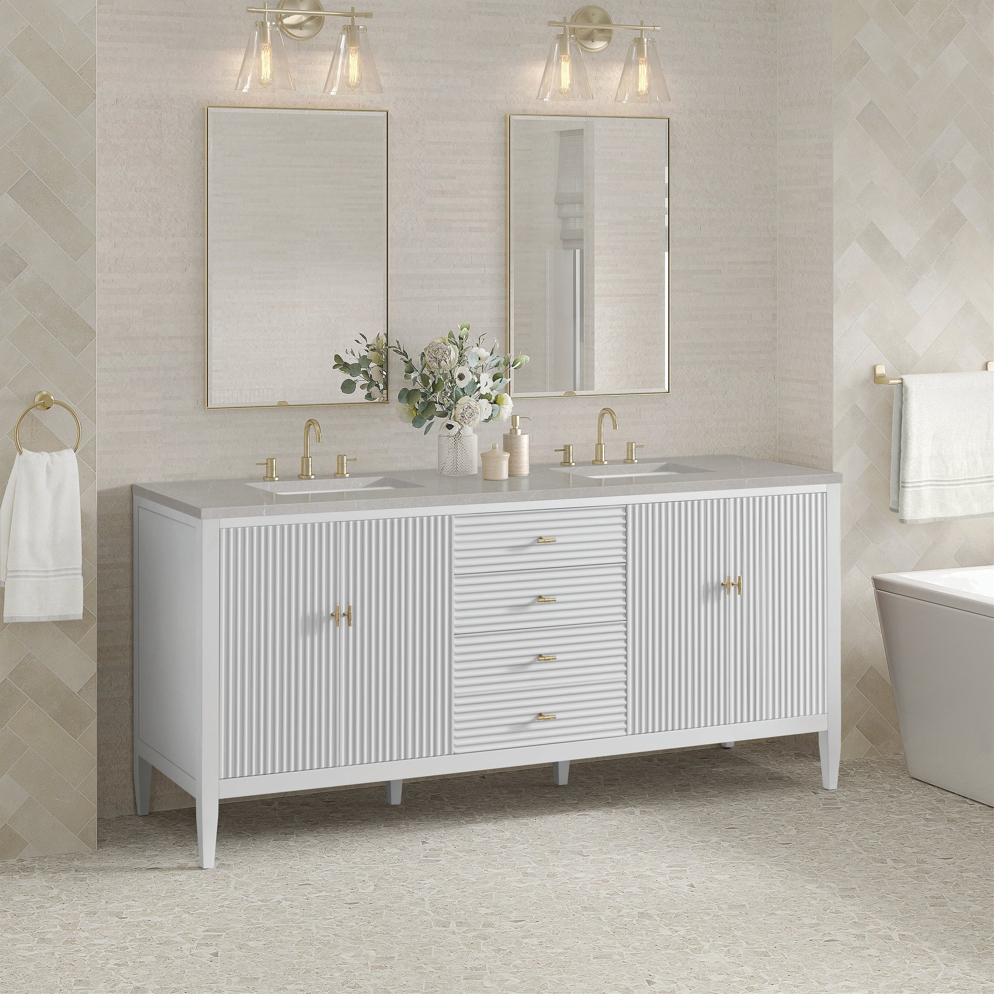 James Martin Vanities Myrrin 72" Bright White Double Vanity With 3 cm Eternal Serena Quartz Top