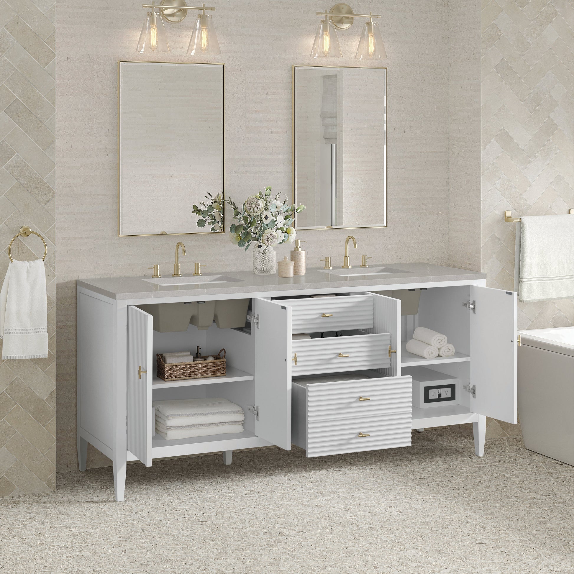 James Martin Vanities Myrrin 72" Bright White Double Vanity With 3 cm Eternal Serena Quartz Top