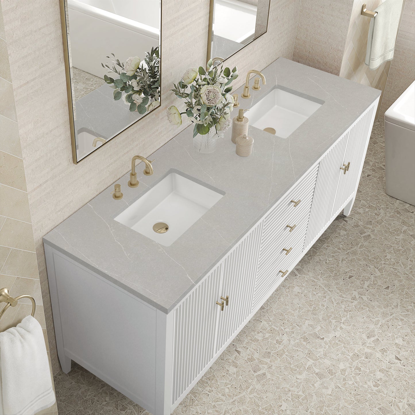 James Martin Vanities Myrrin 72" Bright White Double Vanity With 3 cm Eternal Serena Quartz Top