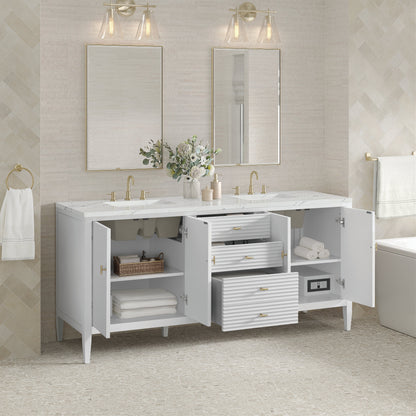 James Martin Vanities Myrrin 72" Bright White Double Vanity With 3 cm Ethereal Noctis Quartz Top