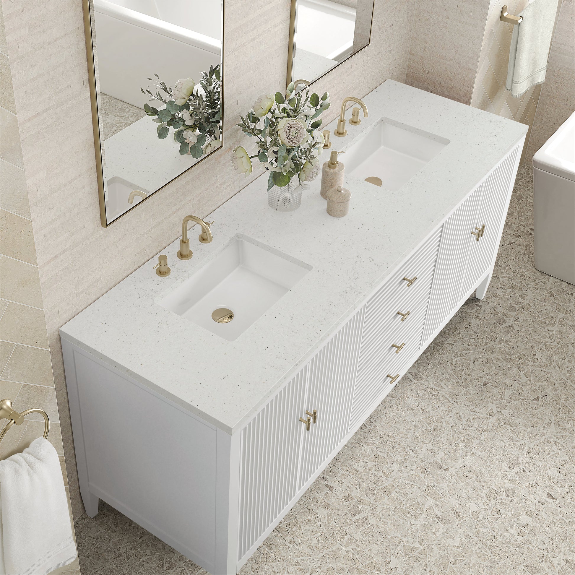 James Martin Vanities Myrrin 72" Bright White Double Vanity With 3 cm Lime Delight Quartz Top