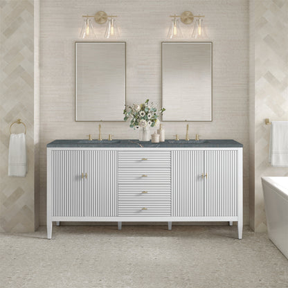 James Martin Vanities Myrrin 72" Bright White Double Vanity With 3 cm Parisien Bleu Quartz Top