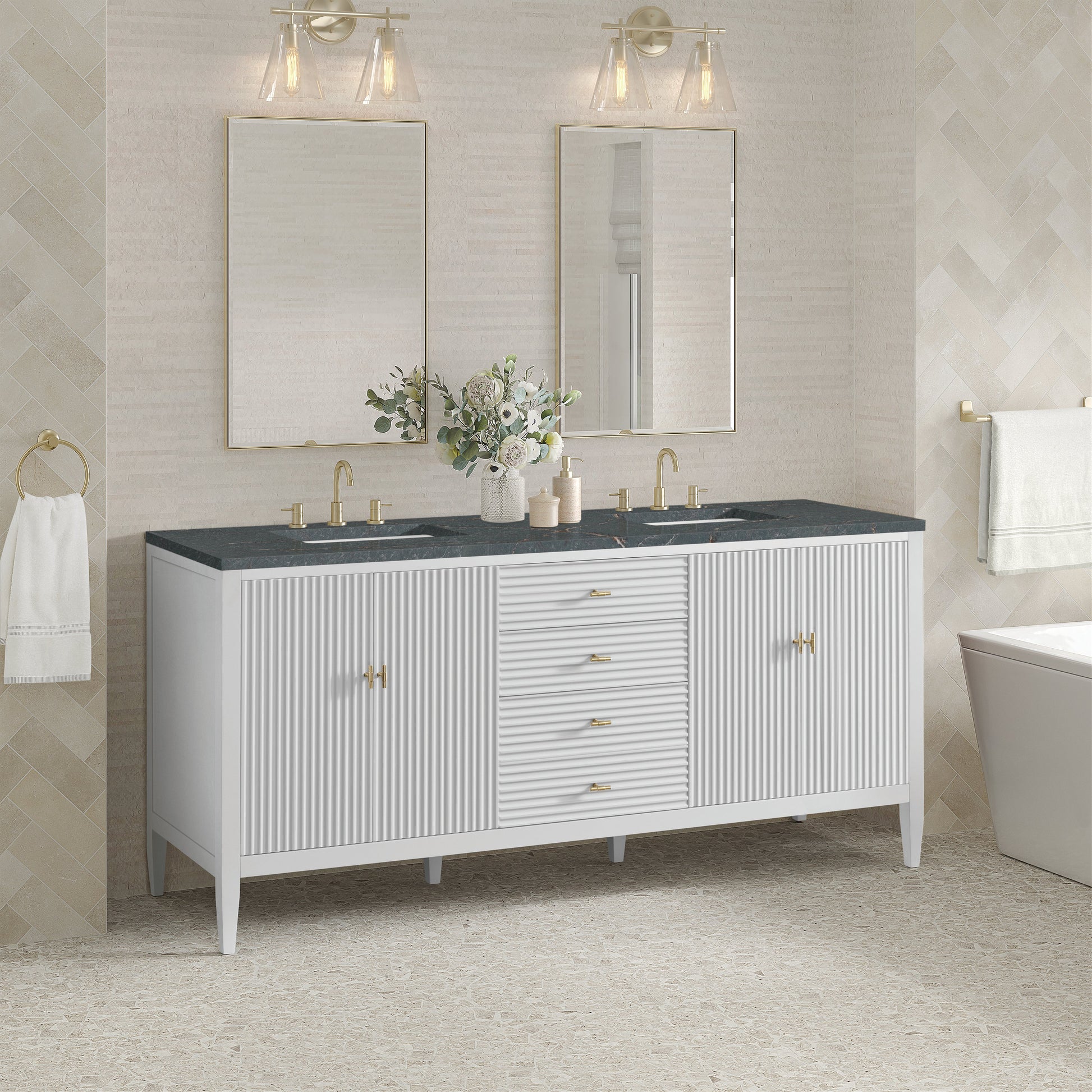 James Martin Vanities Myrrin 72" Bright White Double Vanity With 3 cm Parisien Bleu Quartz Top