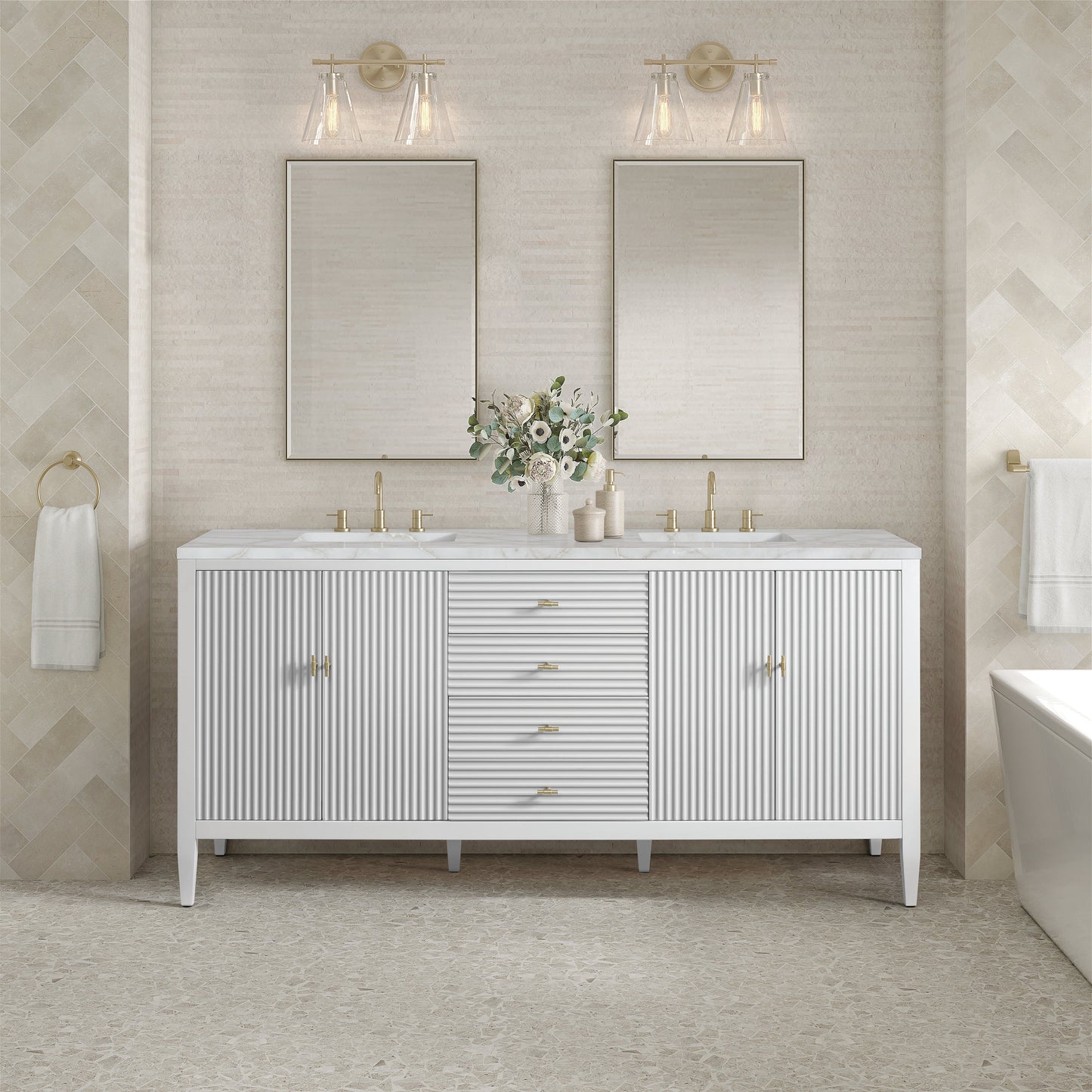 James Martin Vanities Myrrin 72" Bright White Double Vanity With 3 cm Victorian Silver Quartz Top