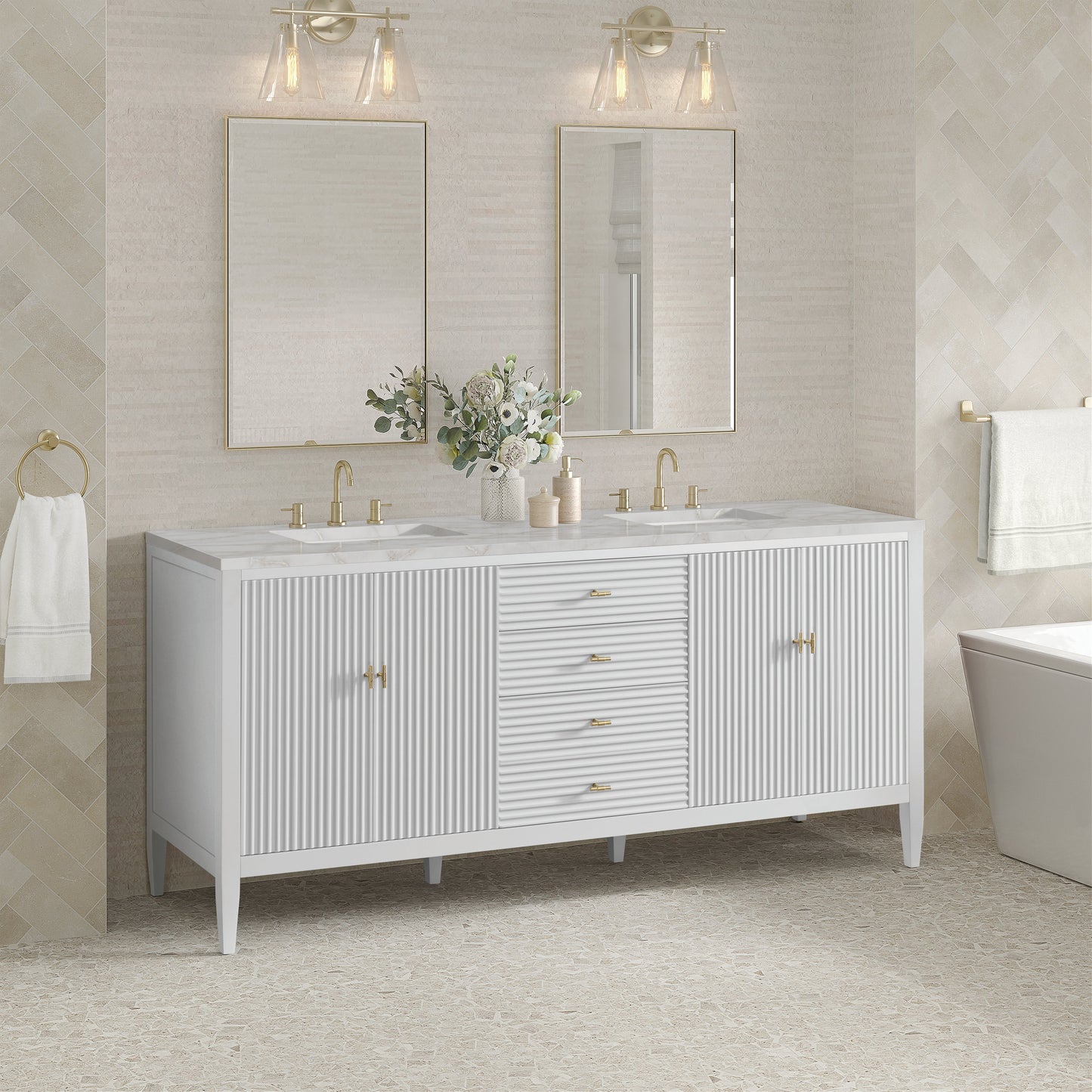 James Martin Vanities Myrrin 72" Bright White Double Vanity With 3 cm Victorian Silver Quartz Top