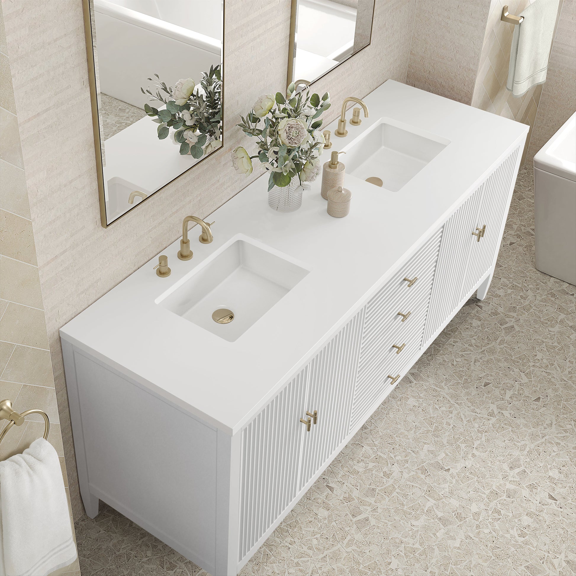 James Martin Vanities Myrrin 72" Bright White Double Vanity With 3 cm White Zeus Quartz Top