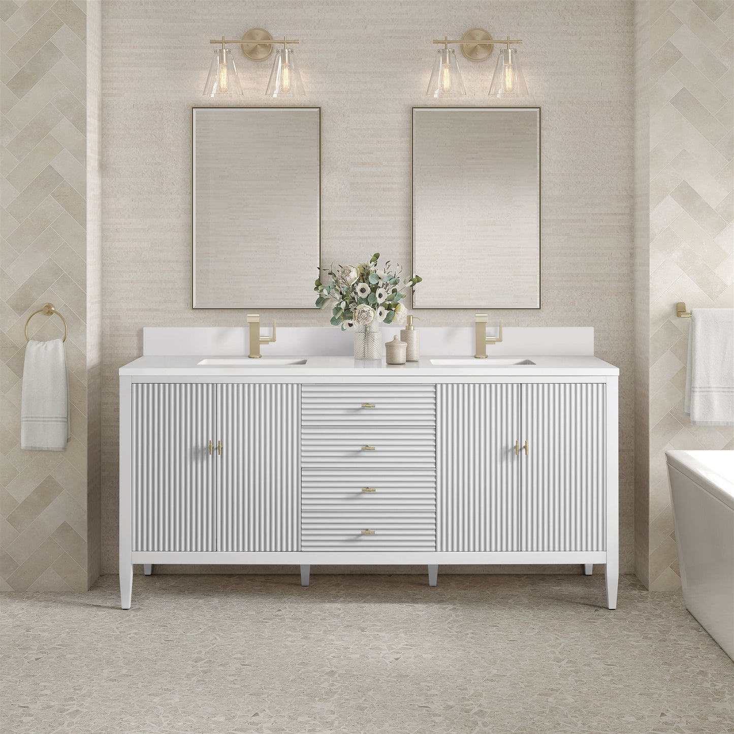 James Martin Vanities Myrrin 72" Bright White Vanity With Single Hole 3 cm White Zeus Quartz Top & Backsplash