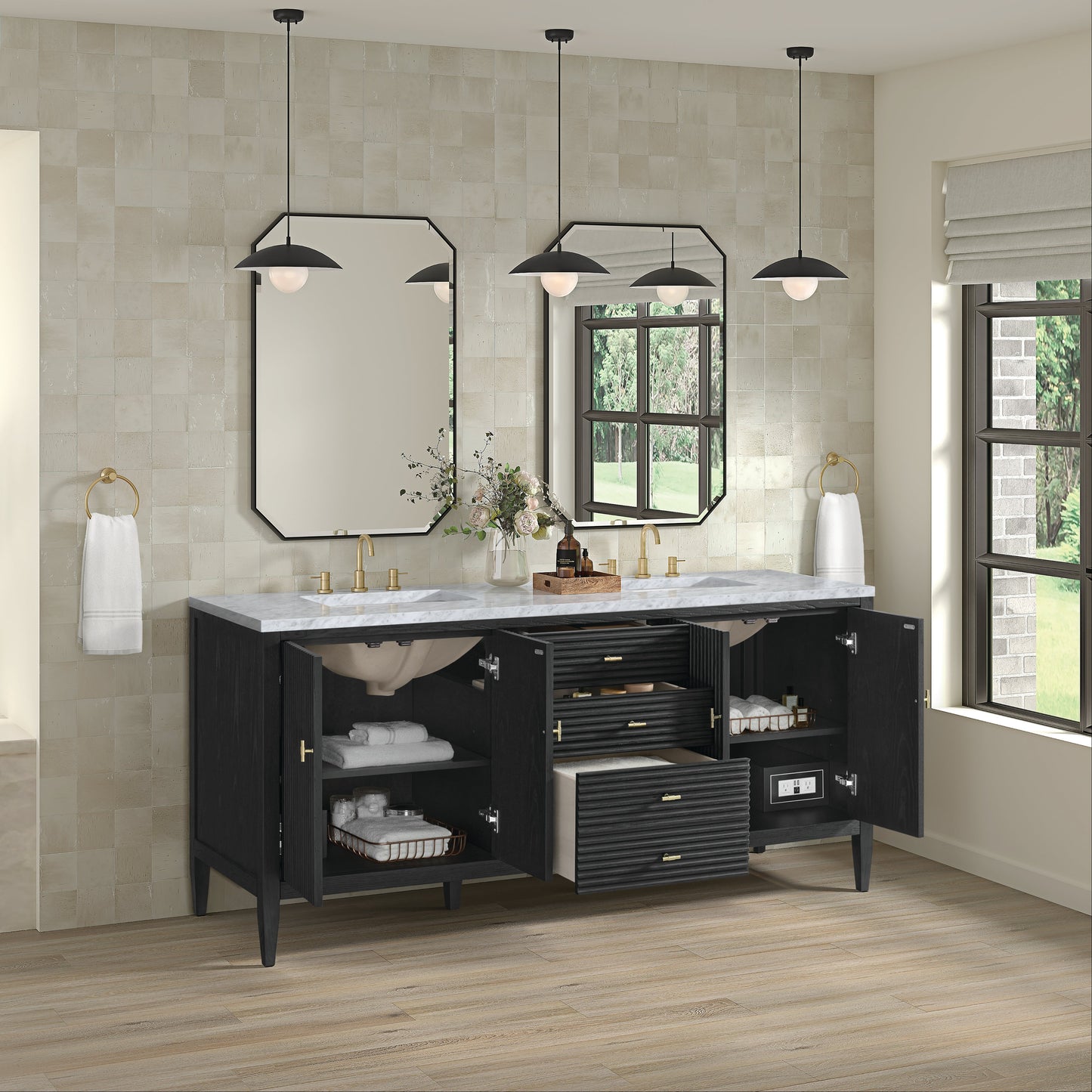 James Martin Vanities Myrrin 72" Carbon Oak Double Vanity With 3 cm Carrara White Marble Top