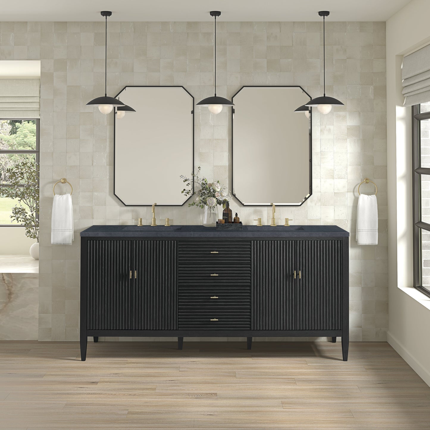 James Martin Vanities Myrrin 72" Carbon Oak Double Vanity With 3 cm Charcoal Soapstone Quartz Top