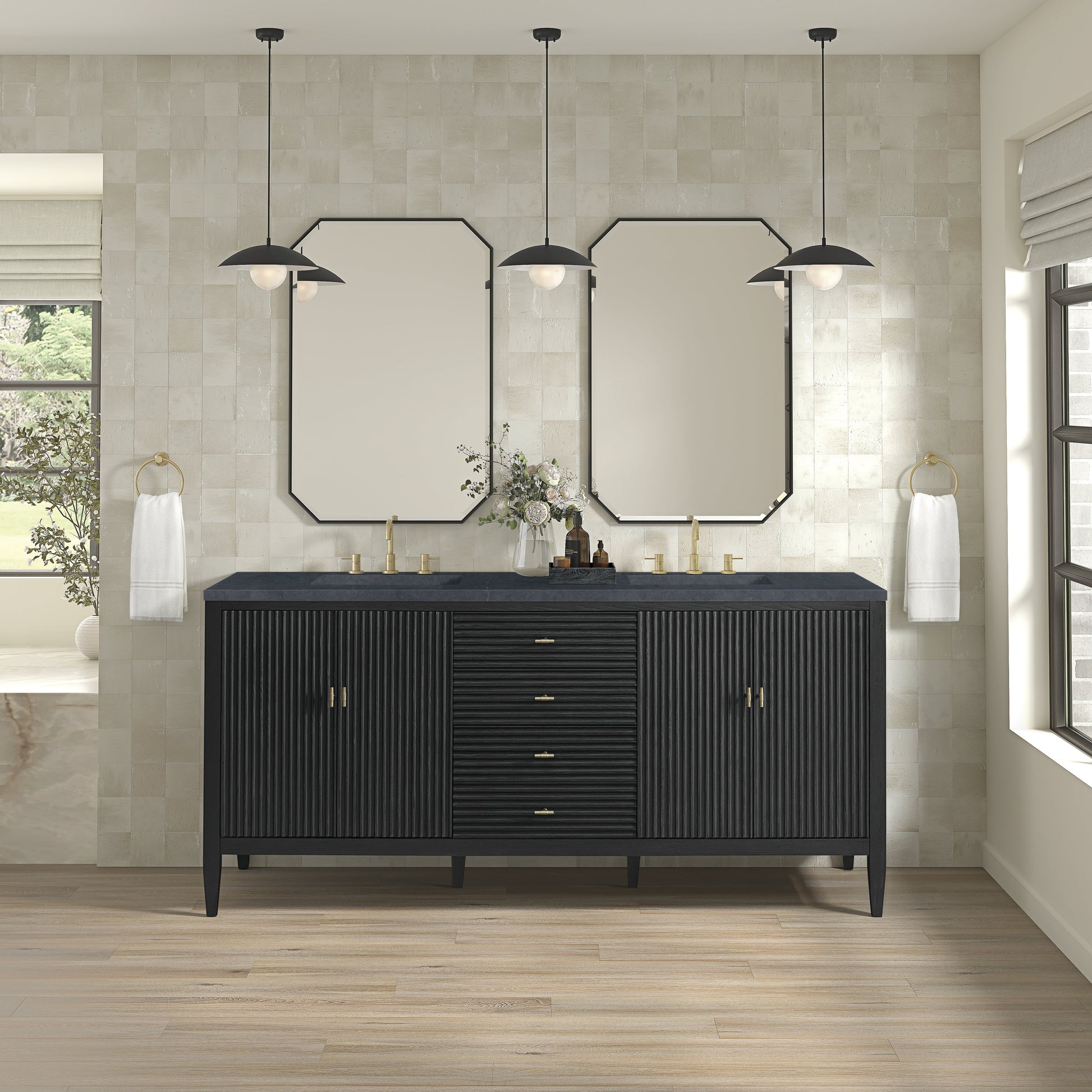 James Martin Vanities Myrrin 72" Carbon Oak Double Vanity With 3 cm Charcoal Soapstone Quartz Top