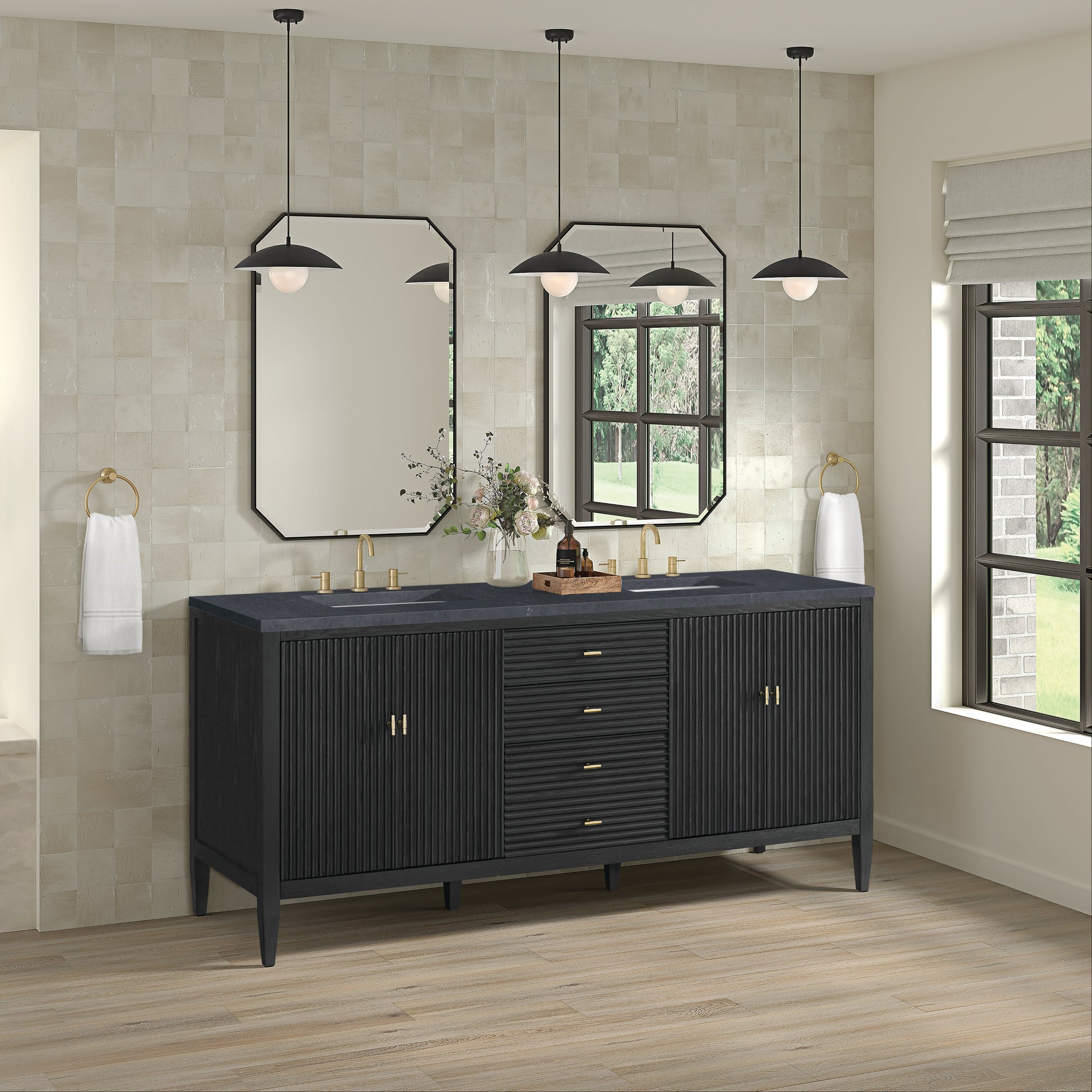 James Martin Vanities Myrrin 72" Carbon Oak Double Vanity With 3 cm Charcoal Soapstone Quartz Top