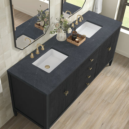 James Martin Vanities Myrrin 72" Carbon Oak Double Vanity With 3 cm Charcoal Soapstone Quartz Top