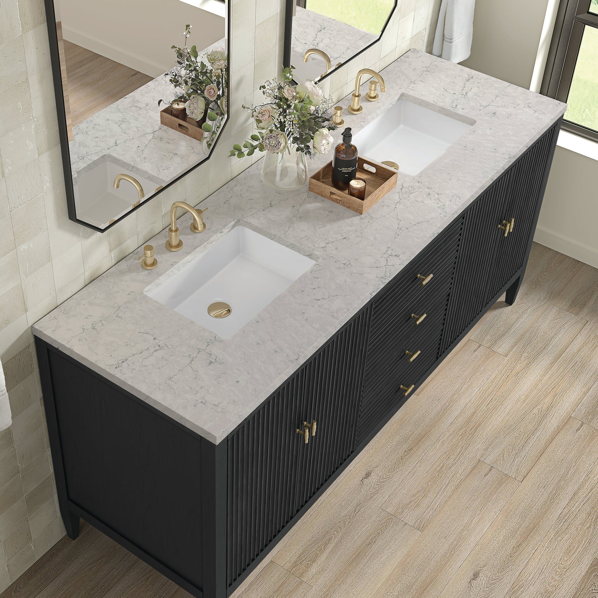 James Martin Vanities Myrrin 72" Carbon Oak Double Vanity With 3 cm Eternal Jasmine Pearl Quartz Top