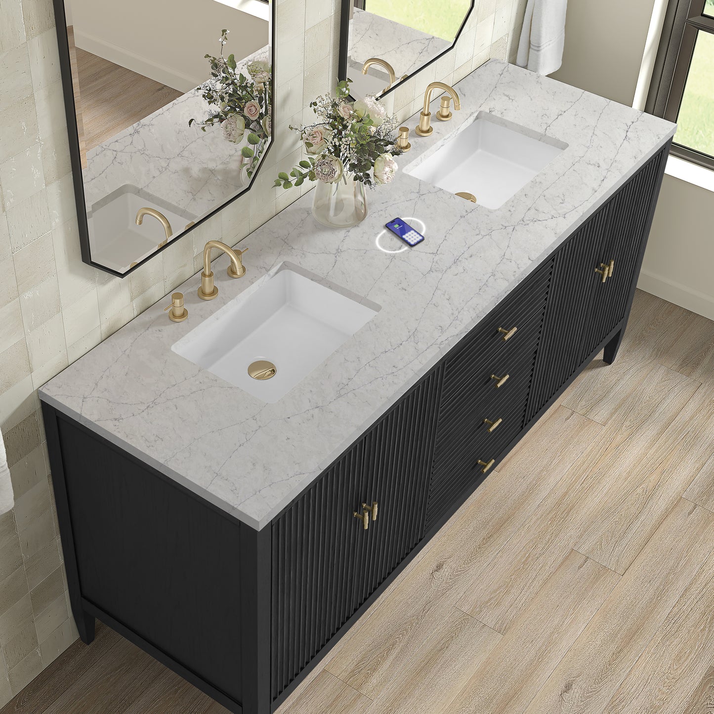 James Martin Vanities Myrrin 72" Carbon Oak Double Vanity With 3 cm Eternal Jasmine Pearl Silestone Top and FreePower Wireless Charger