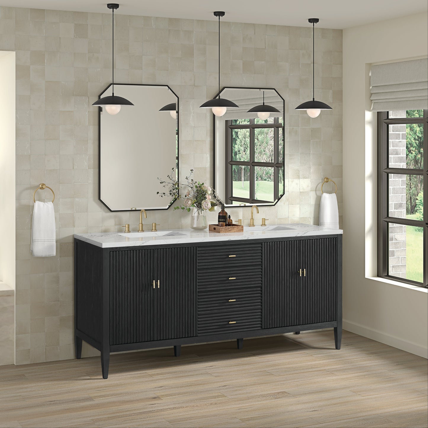 James Martin Vanities Myrrin 72" Carbon Oak Double Vanity With 3 cm Ethereal Noctis Quartz Top