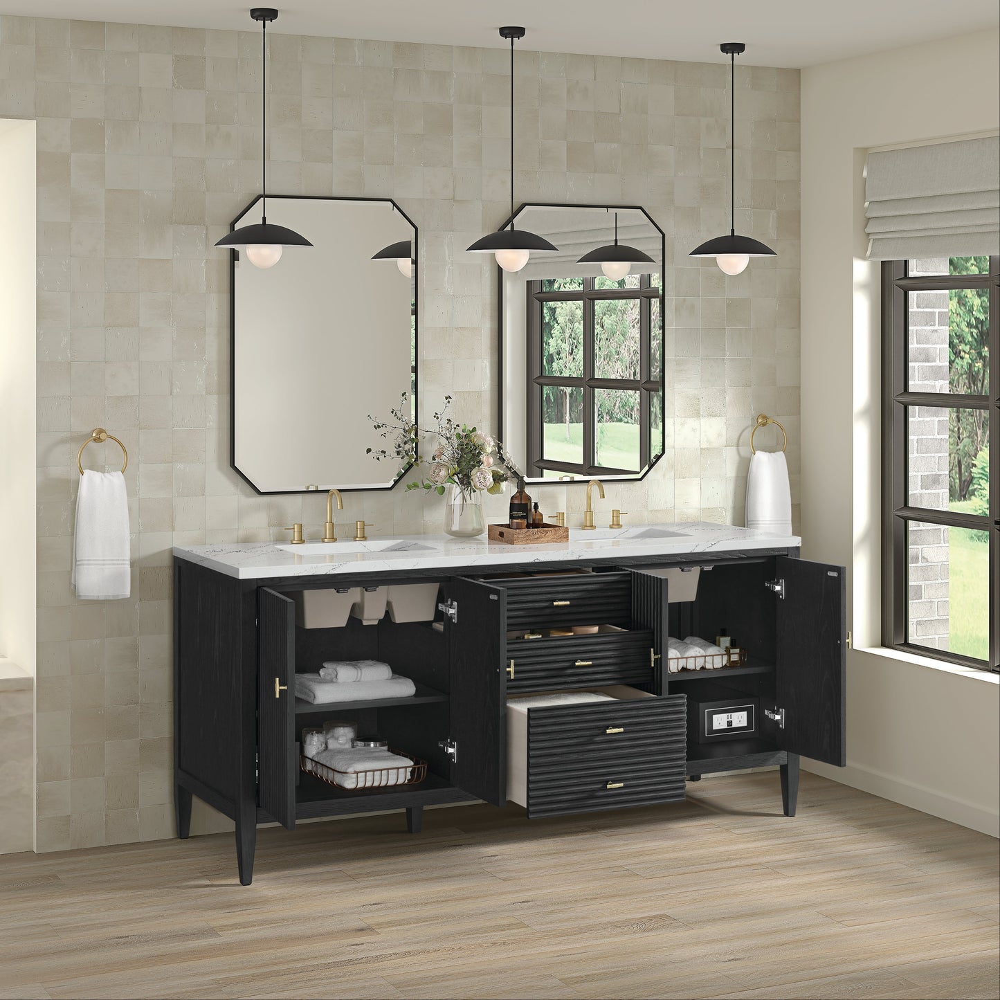 James Martin Vanities Myrrin 72" Carbon Oak Double Vanity With 3 cm Ethereal Noctis Quartz Top