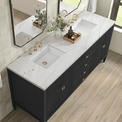 James Martin Vanities Myrrin 72" Carbon Oak Double Vanity With 3 cm Ethereal Noctis Quartz Top