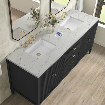 James Martin Vanities Myrrin 72" Carbon Oak Double Vanity With 3 cm Ethereal Noctis Silestone Top and FreePower Wireless Charger