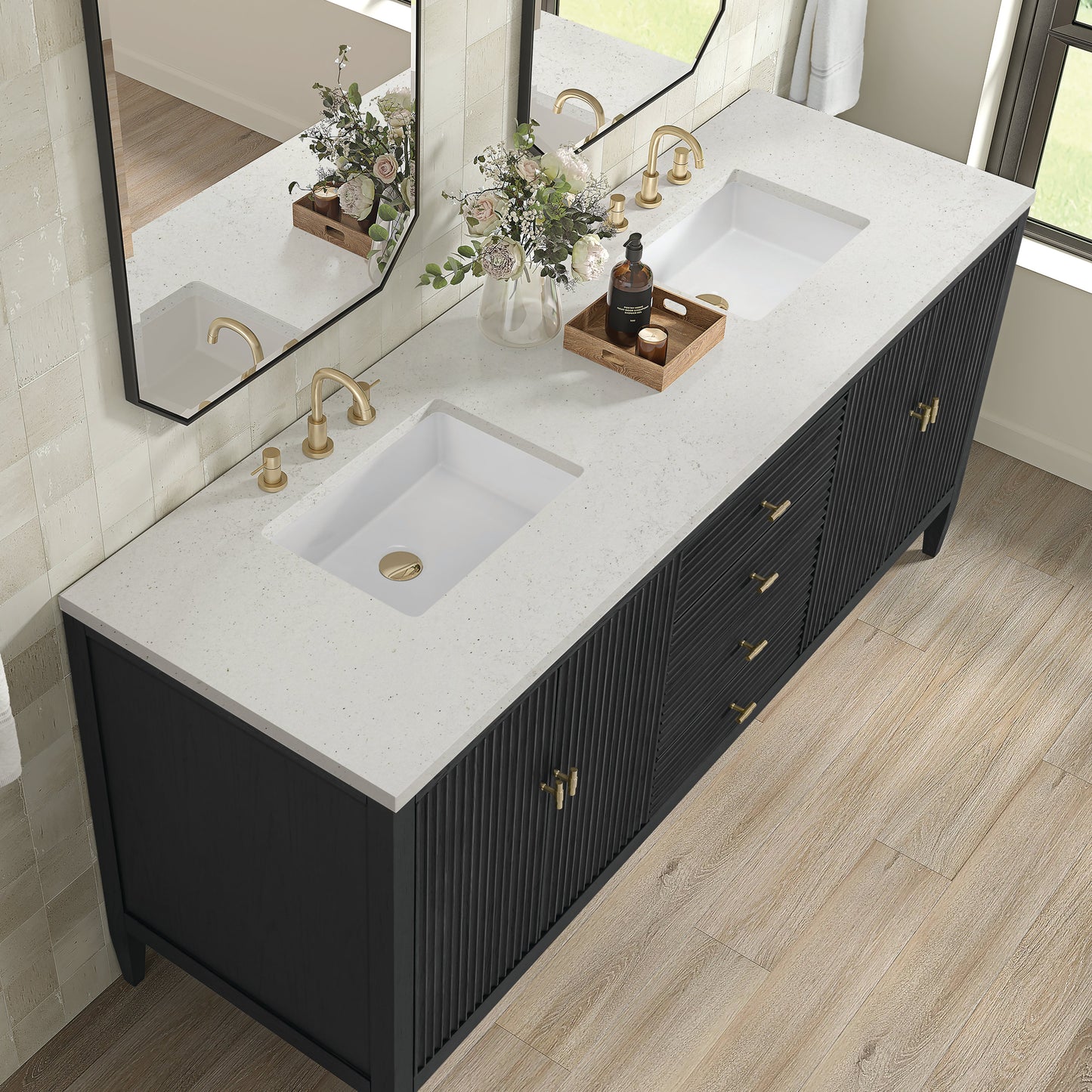 James Martin Vanities Myrrin 72" Carbon Oak Double Vanity With 3 cm Lime Delight Quartz Top