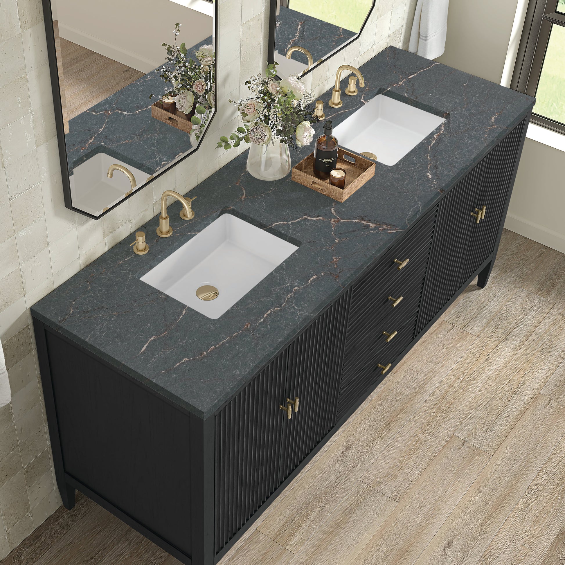 James Martin Vanities Myrrin 72" Carbon Oak Double Vanity With 3 cm Parisien Bleu Quartz Top