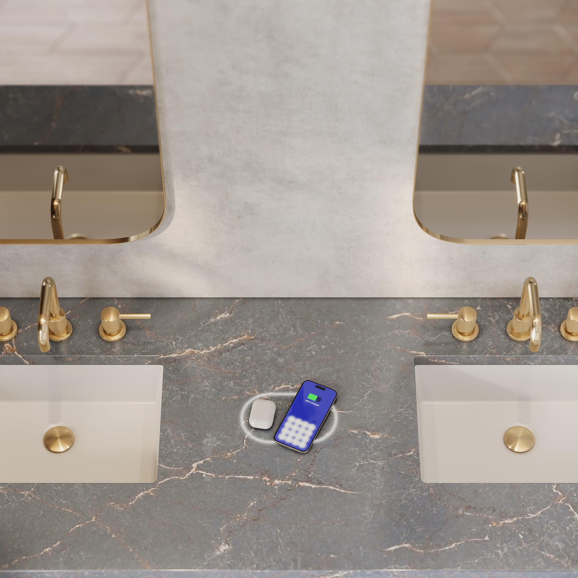 James Martin Vanities Myrrin 72" Carbon Oak Double Vanity With 3 cm Parisien Bleu Silestone Top and FreePower Wireless Charger