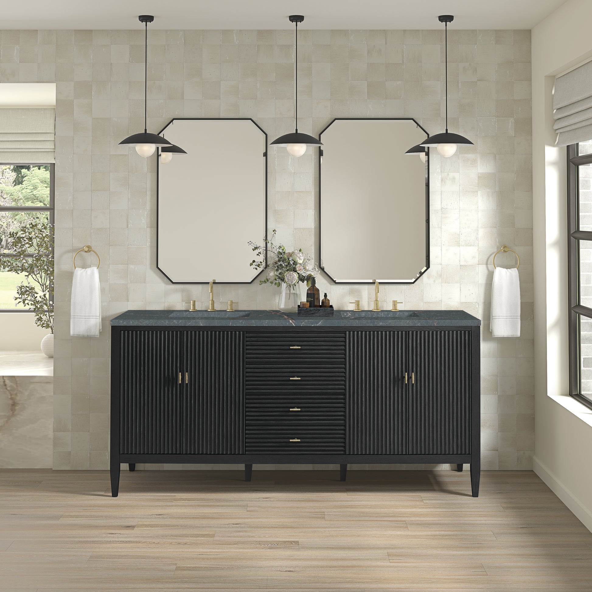 James Martin Vanities Myrrin 72" Carbon Oak Double Vanity With 3 cm Parisien Bleu Silestone Top and FreePower Wireless Charger