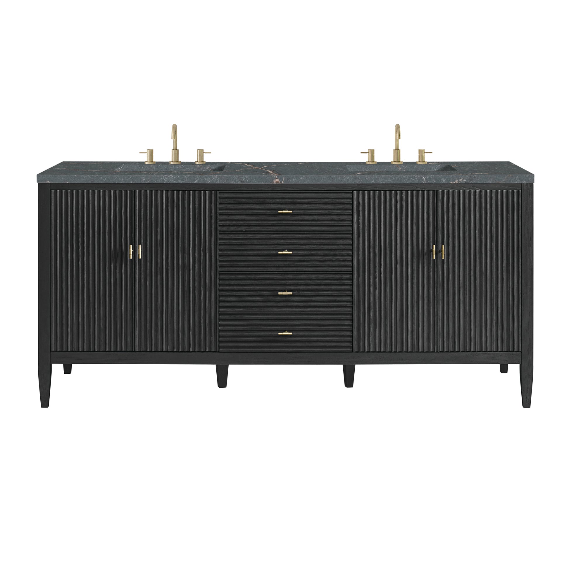 James Martin Vanities Myrrin 72" Carbon Oak Double Vanity With 3 cm Parisien Bleu Silestone Top and FreePower Wireless Charger