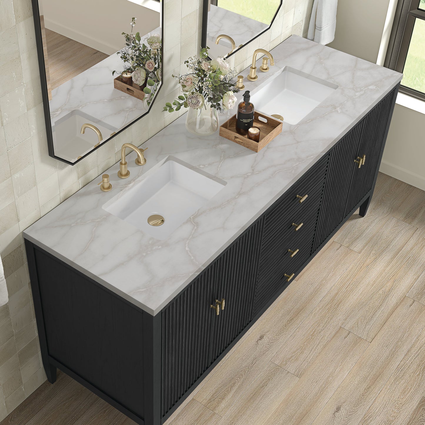 James Martin Vanities Myrrin 72" Carbon Oak Double Vanity With 3 cm Victorian Silver Quartz Top