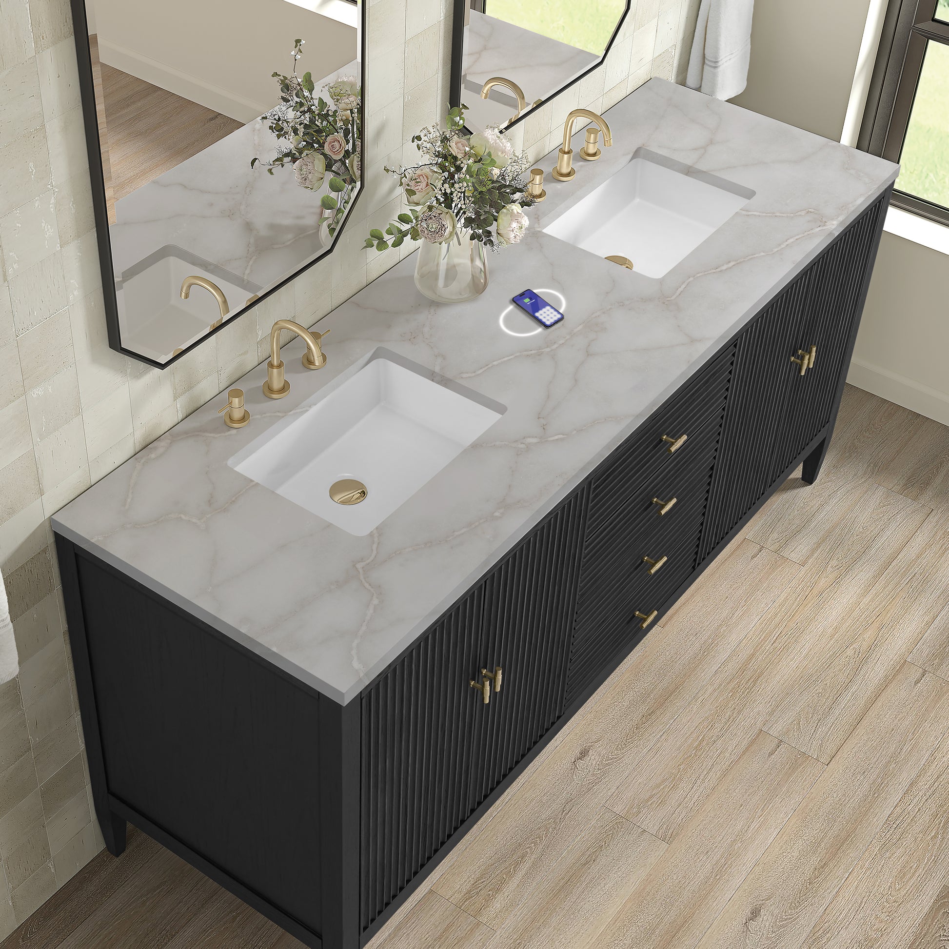 James Martin Vanities Myrrin 72" Carbon Oak Double Vanity With 3 cm Victorian Silver Silestone Top and FreePower Wireless Charger
