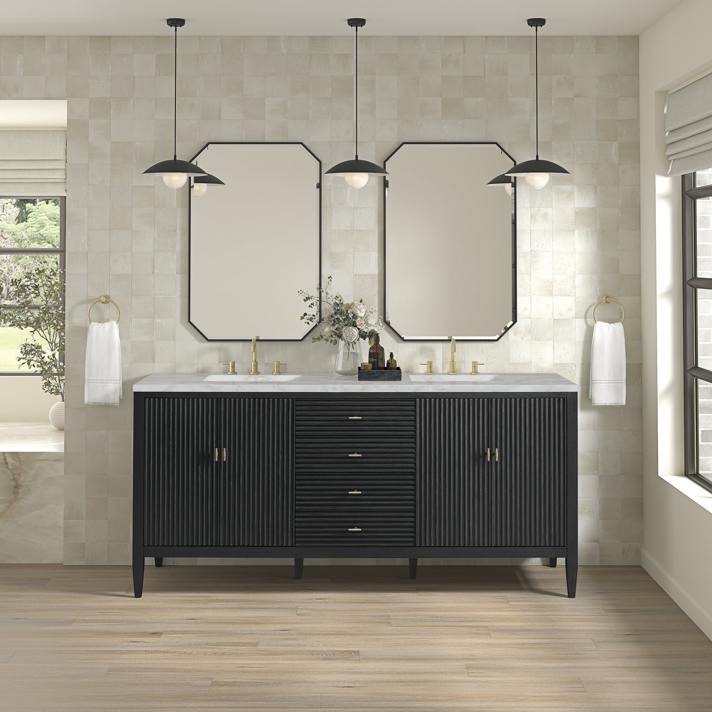 James Martin Vanities Myrrin 72" Carbon Oak Double Vanity With 3 cm Victorian Silver Silestone Top and FreePower Wireless Charger