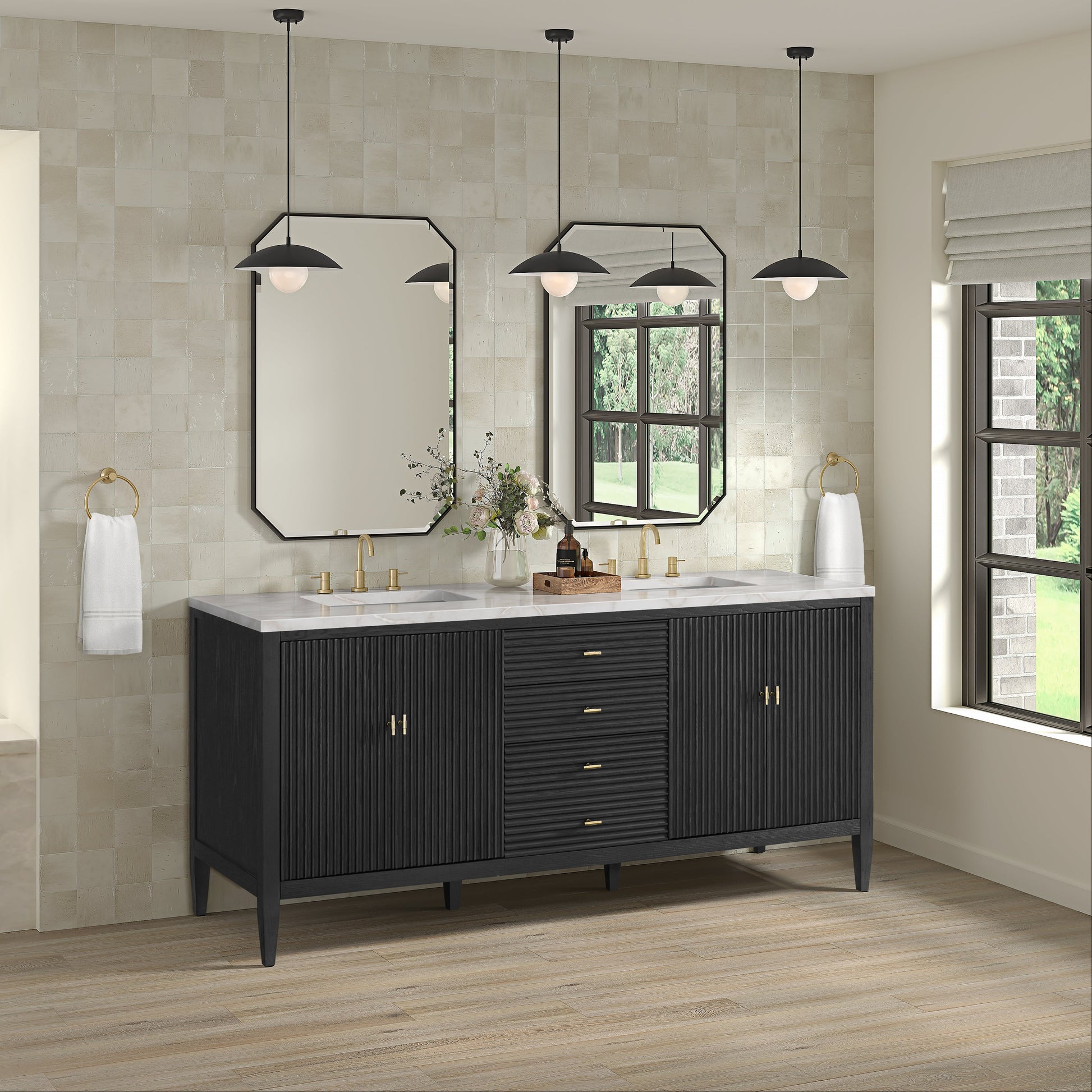 James Martin Vanities Myrrin 72" Carbon Oak Double Vanity With 3 cm White Zeus Quartz Top