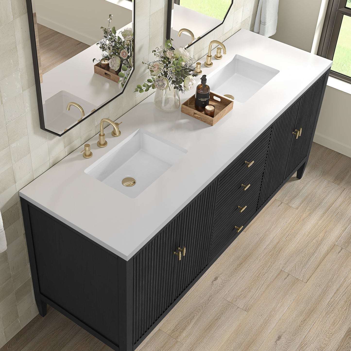 James Martin Vanities Myrrin 72" Carbon Oak Double Vanity With 3 cm White Zeus Quartz Top