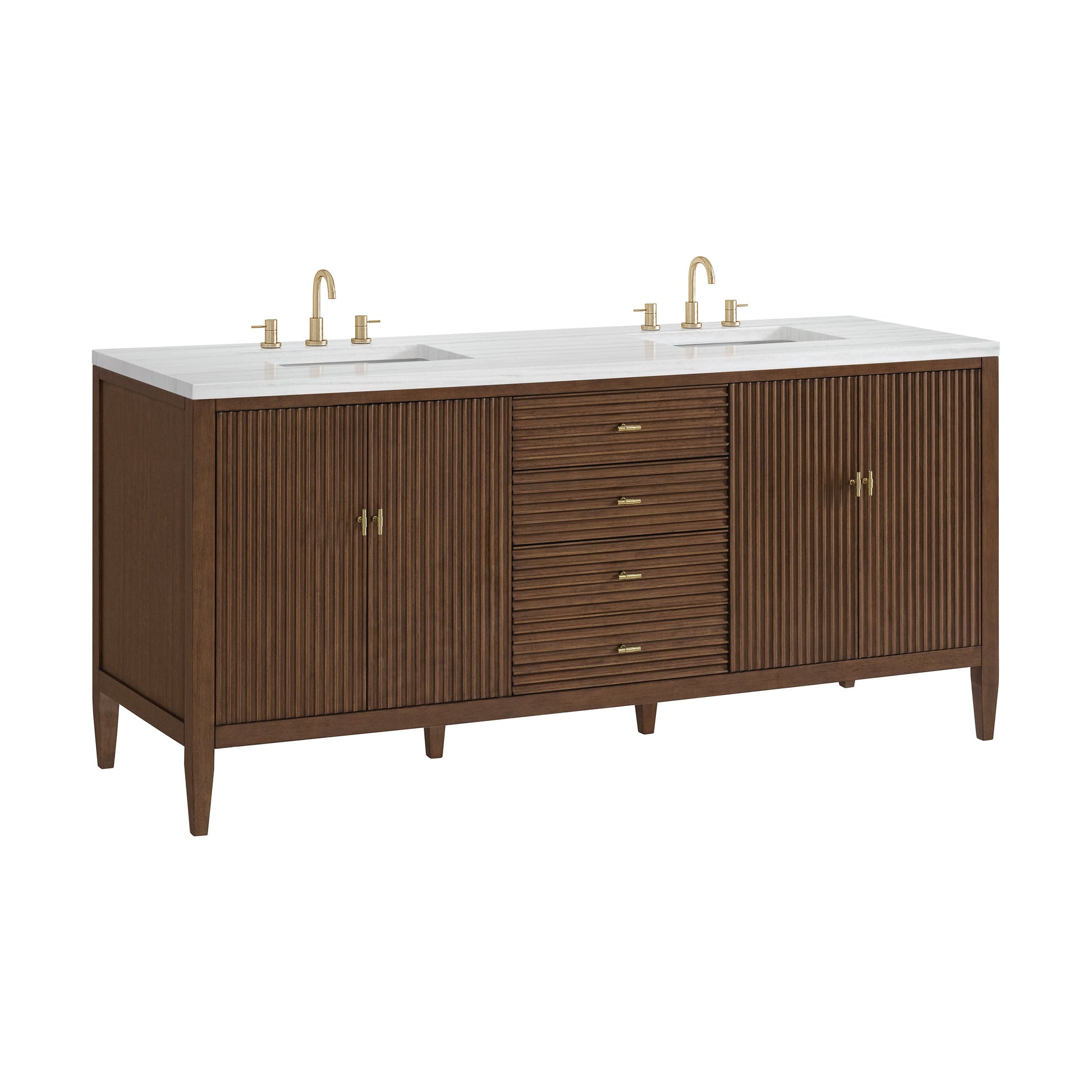 James Martin Vanities Myrrin 72" Mid Century Walnut Double Vanity With 3 cm Arctic Fall Solid Surface Top