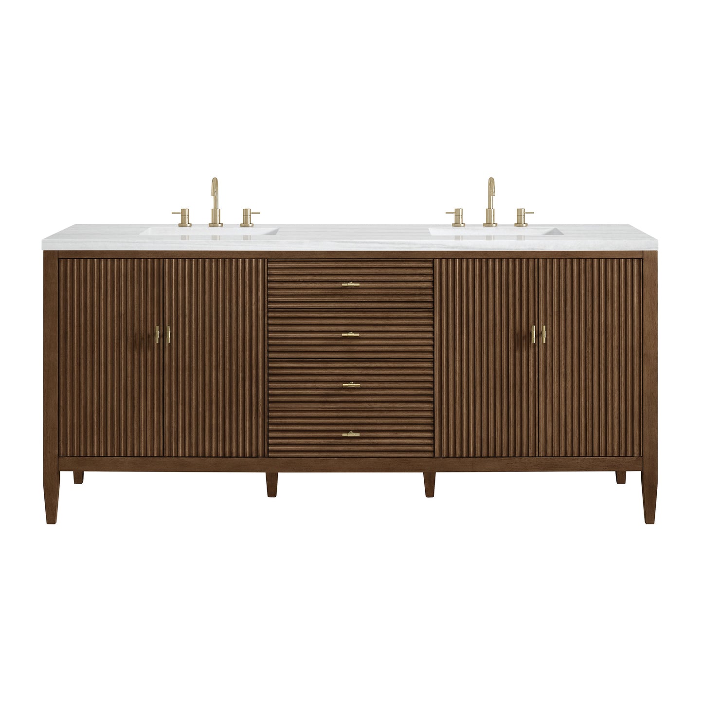 James Martin Vanities Myrrin 72" Mid Century Walnut Double Vanity With 3 cm Arctic Fall Solid Surface Top