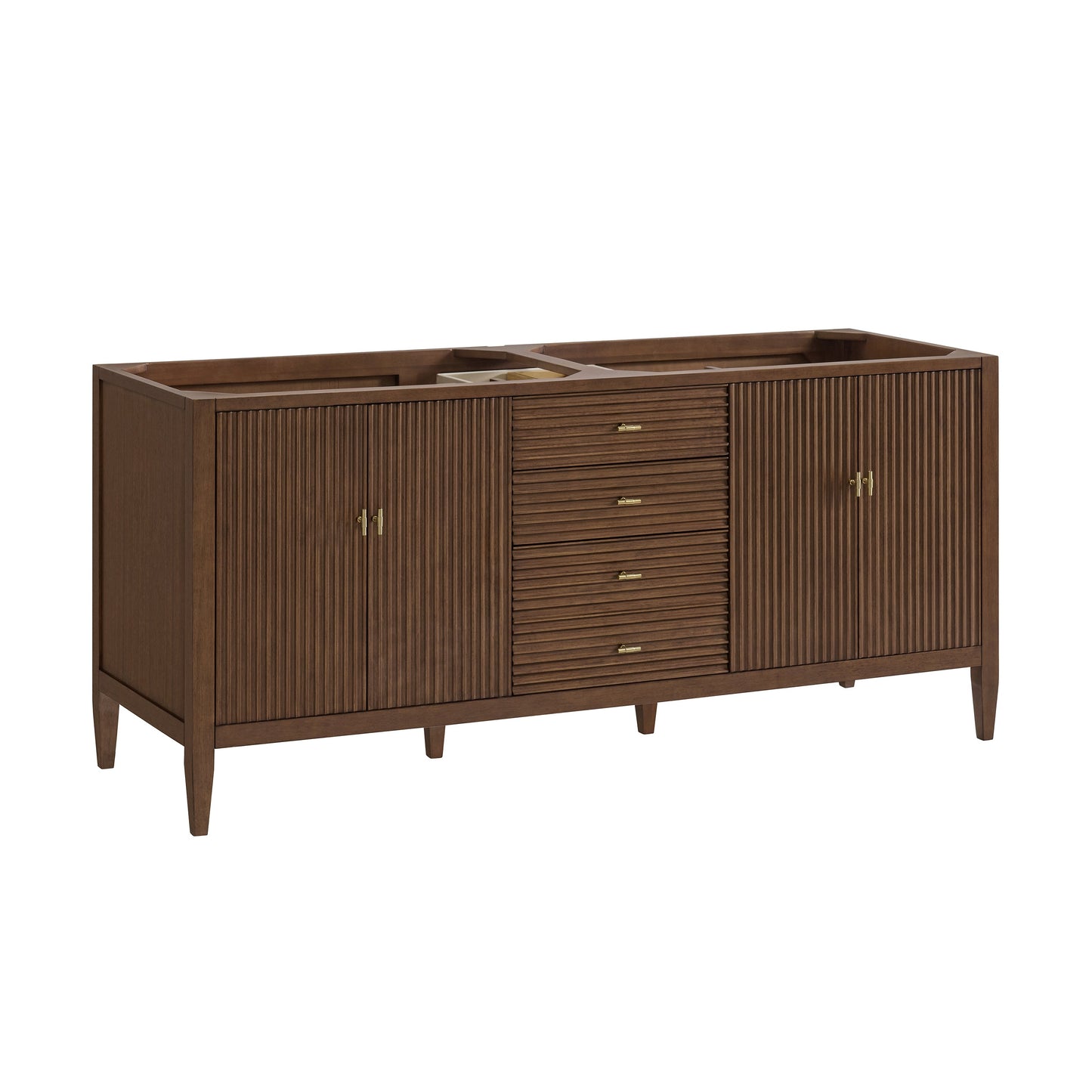 James Martin Vanities Myrrin 72" Mid Century Walnut Double Vanity With 3 cm Carrara White Marble Top