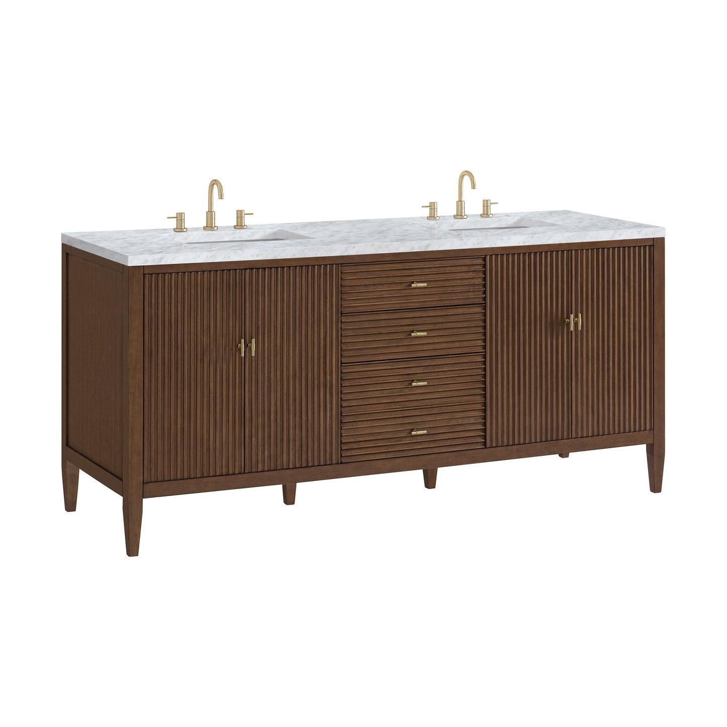 James Martin Vanities Myrrin 72" Mid Century Walnut Double Vanity With 3 cm Carrara White Marble Top