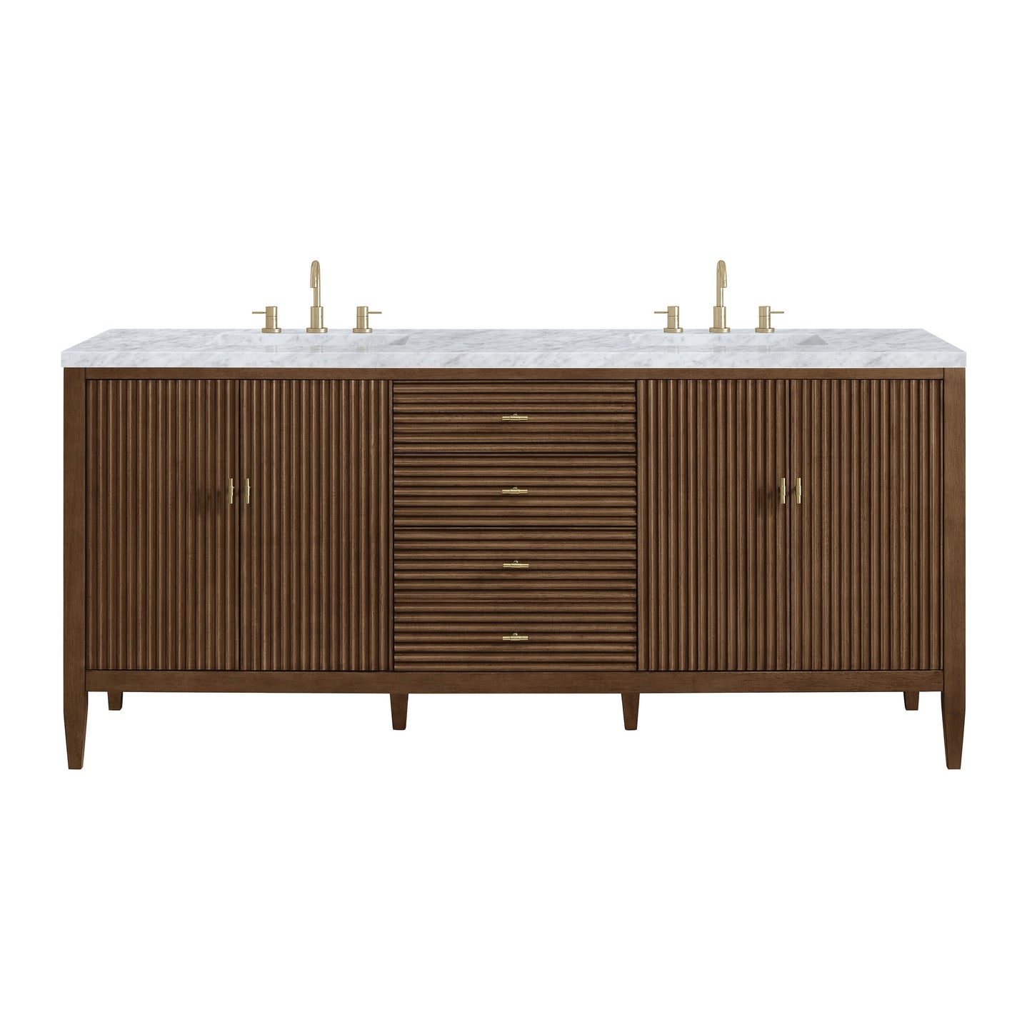 James Martin Vanities Myrrin 72" Mid Century Walnut Double Vanity With 3 cm Carrara White Marble Top